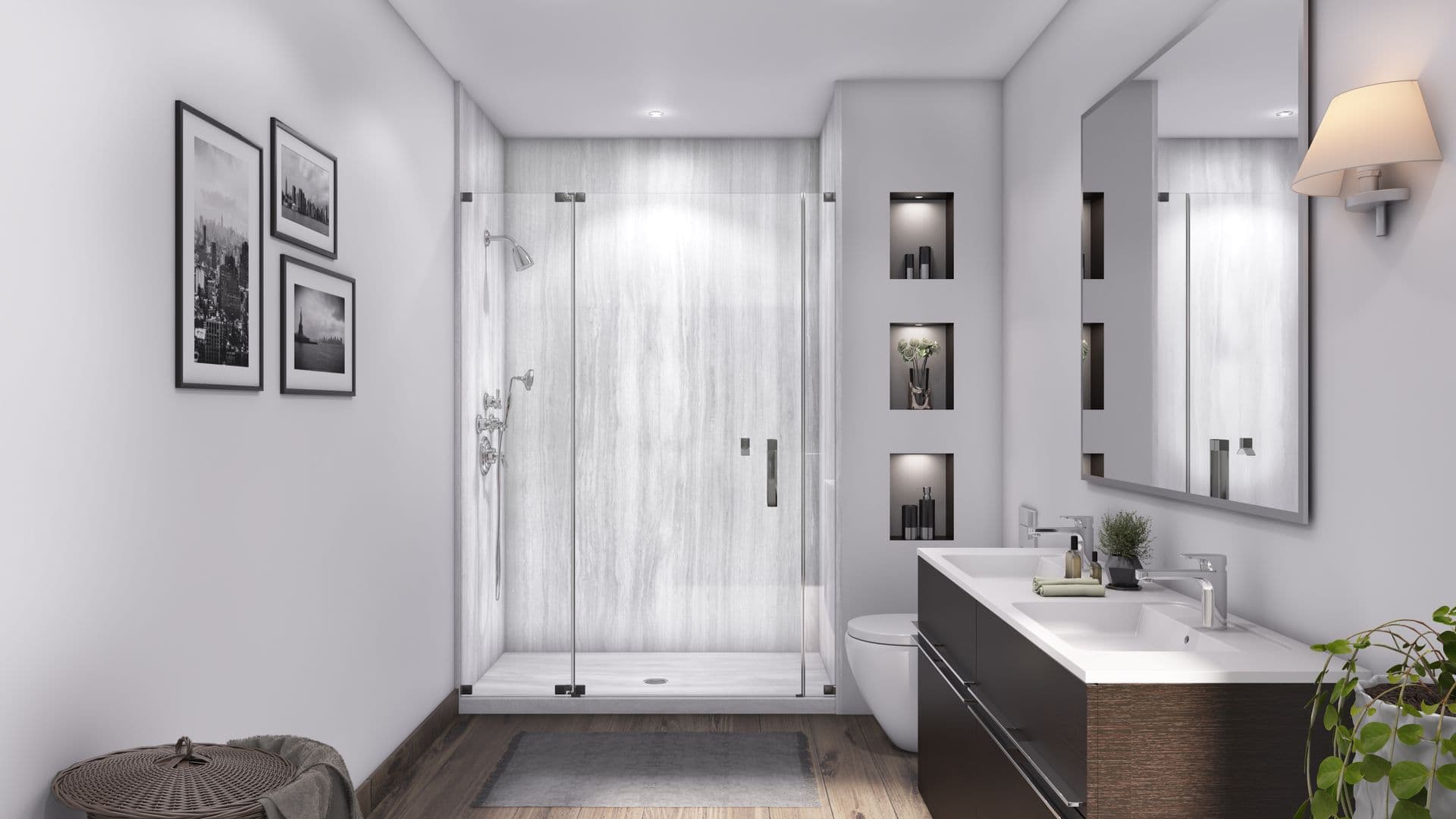 A modern bathroom with a glass shower, dark vanity, and large mirror. Wall art, recessed shelves, and a small plant add elegance and warmth.
