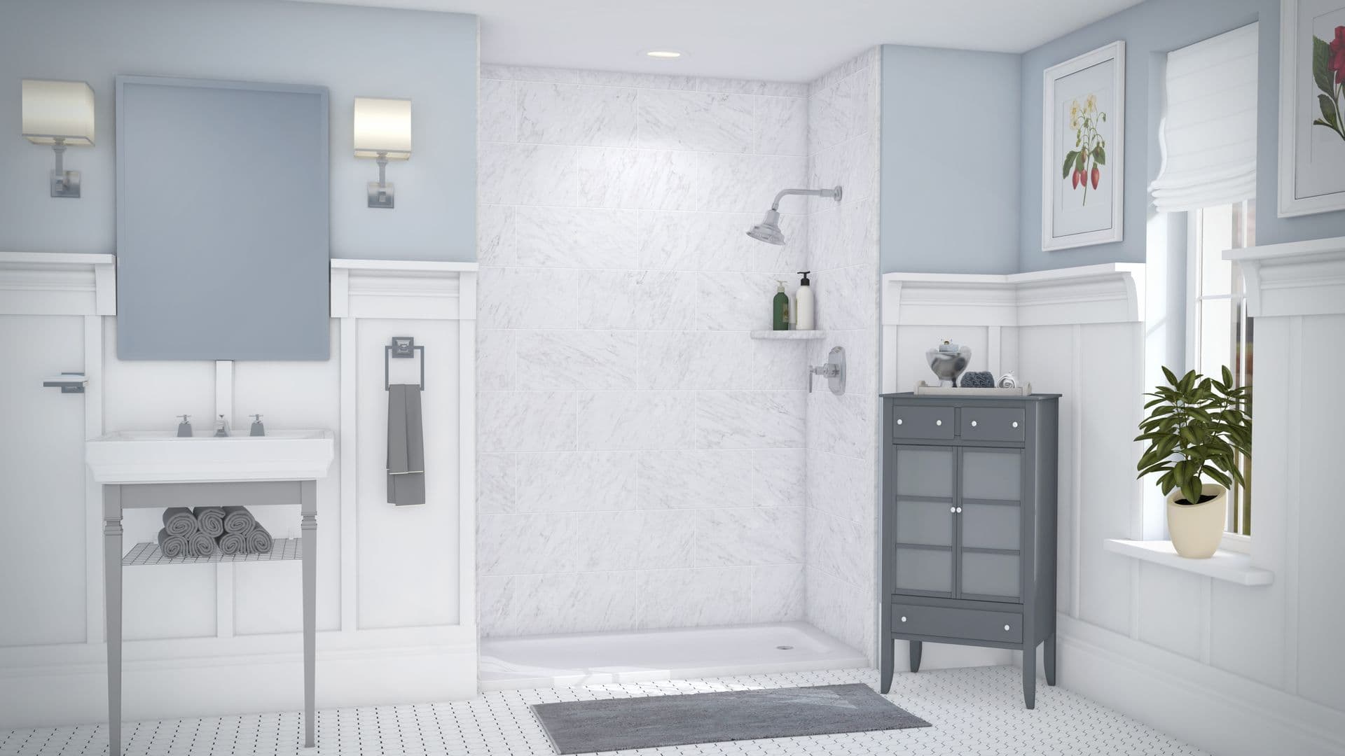 Bright, modern bathroom with light blue walls and marble shower. Features a gray cabinet, white sink, wall art, and a plant on the window ledge.