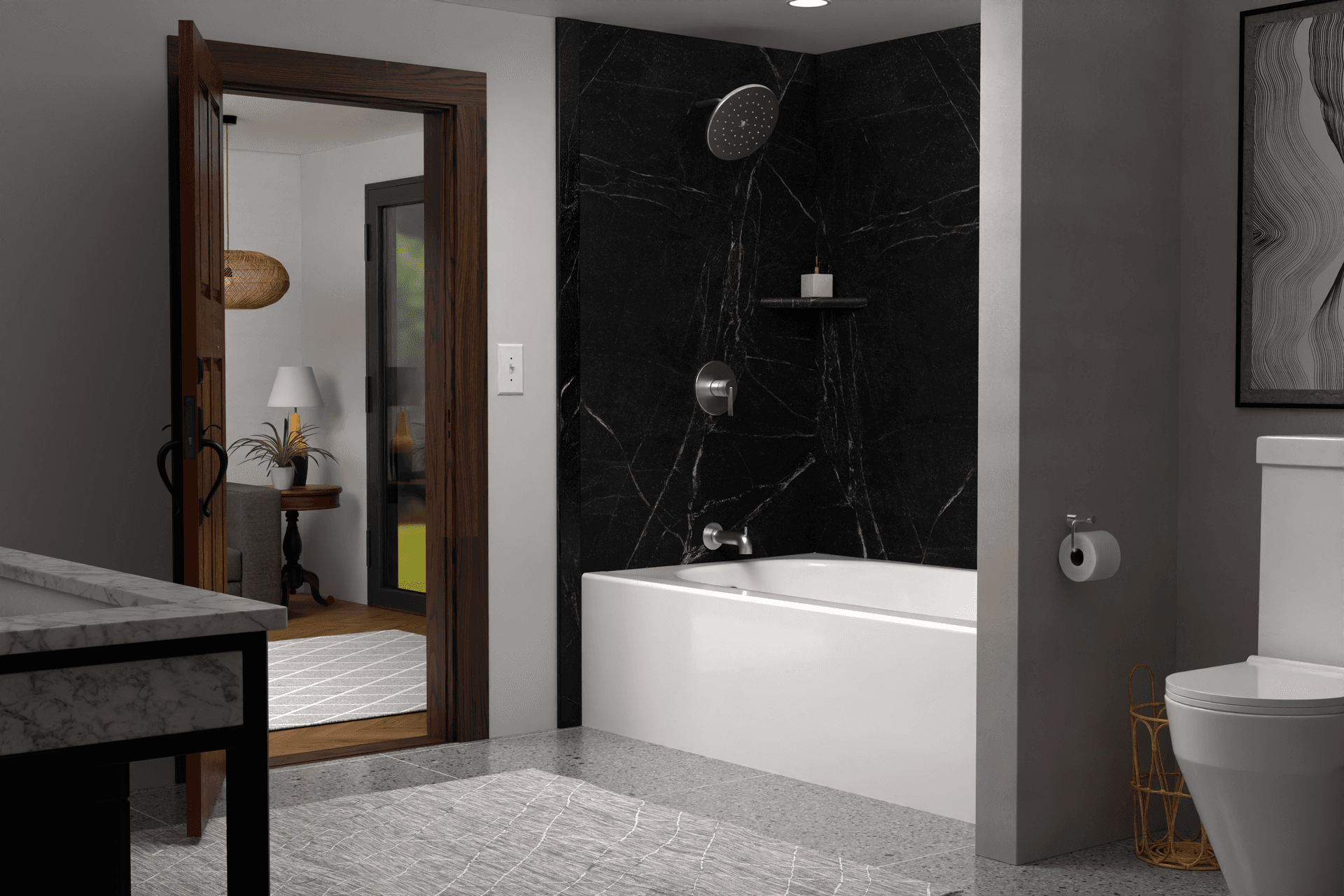 Modern bathroom featuring a white bathtub set against a striking black marbled tile wall. An open door reveals a cozy adjacent room.