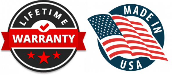 Two circular badges: one is black with "Lifetime Warranty" in white and red, featuring stars and a checkmark; the other shows a waving American flag with "Made in USA."