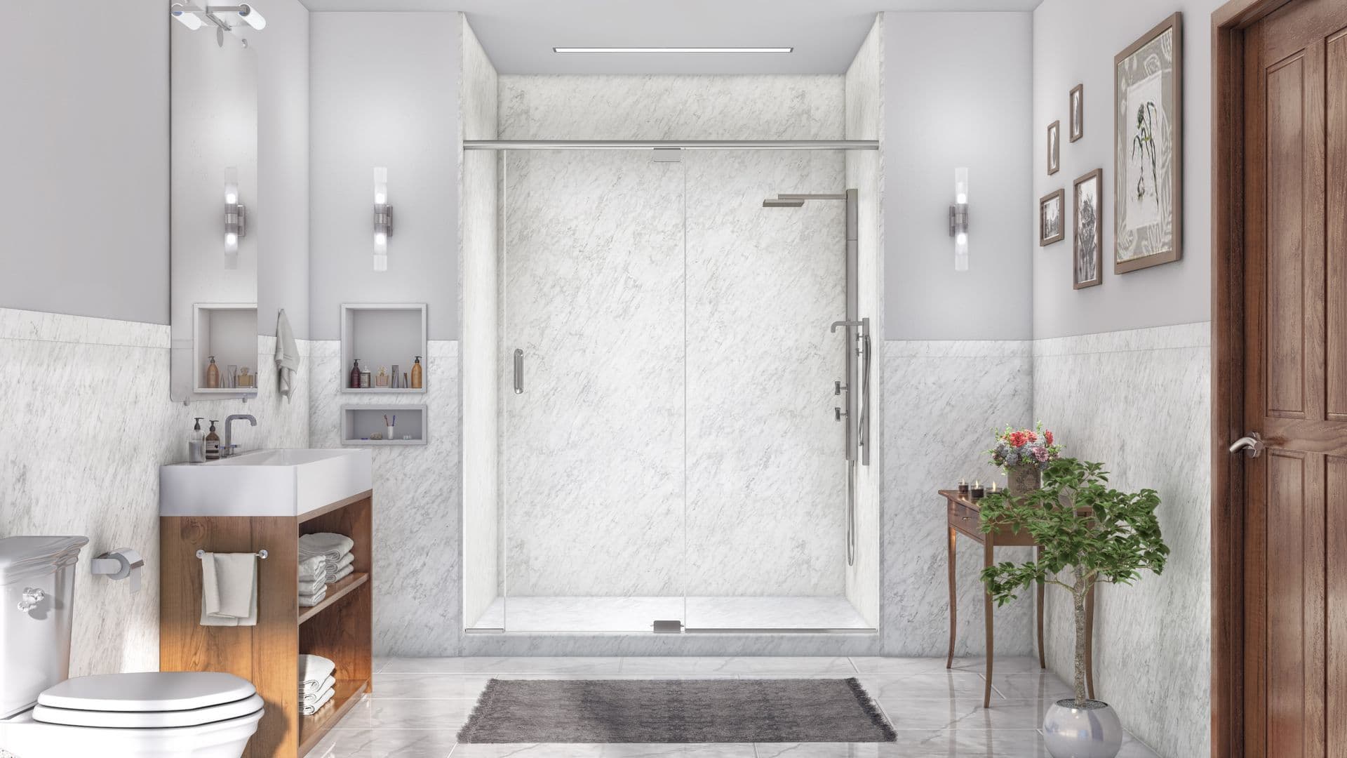 A modern bathroom with a sleek glass shower, marble walls, and a wooden vanity with sink. Elegant lighting and wall art create a serene atmosphere.
