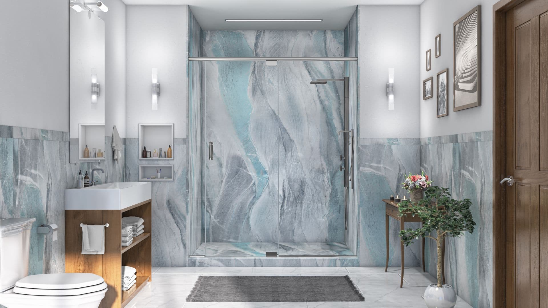 Modern bathroom with sleek gray and teal marble walls, a large glass shower, white sink with wooden shelves, and elegant decor, conveying tranquility.