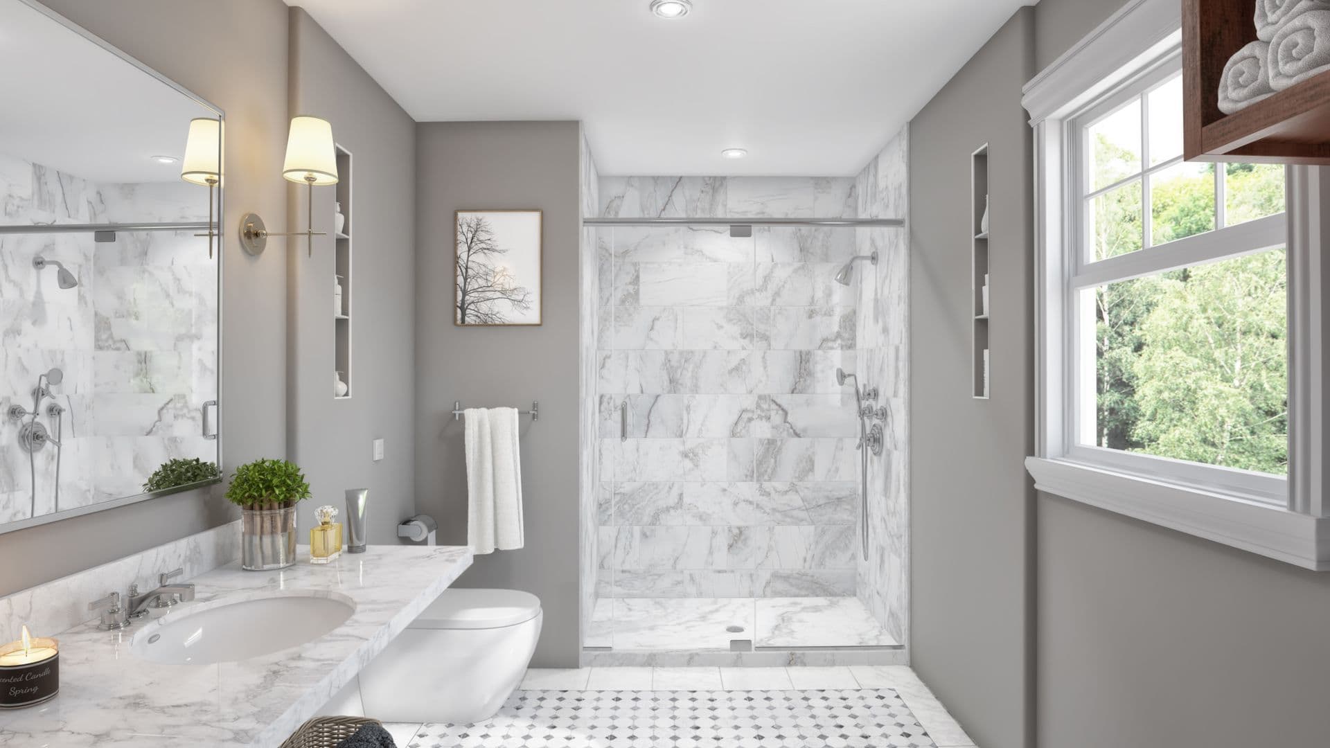 Bright modern bathroom with marble tile shower, large mirror, and vanity. Natural light from window illuminates serene, elegant decor.