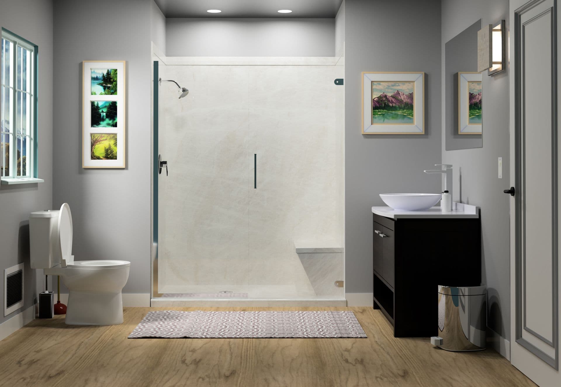 Modern bathroom with gray walls, wood flooring, and recessed lighting. Features a glass shower, white sink on a black vanity, and framed art.