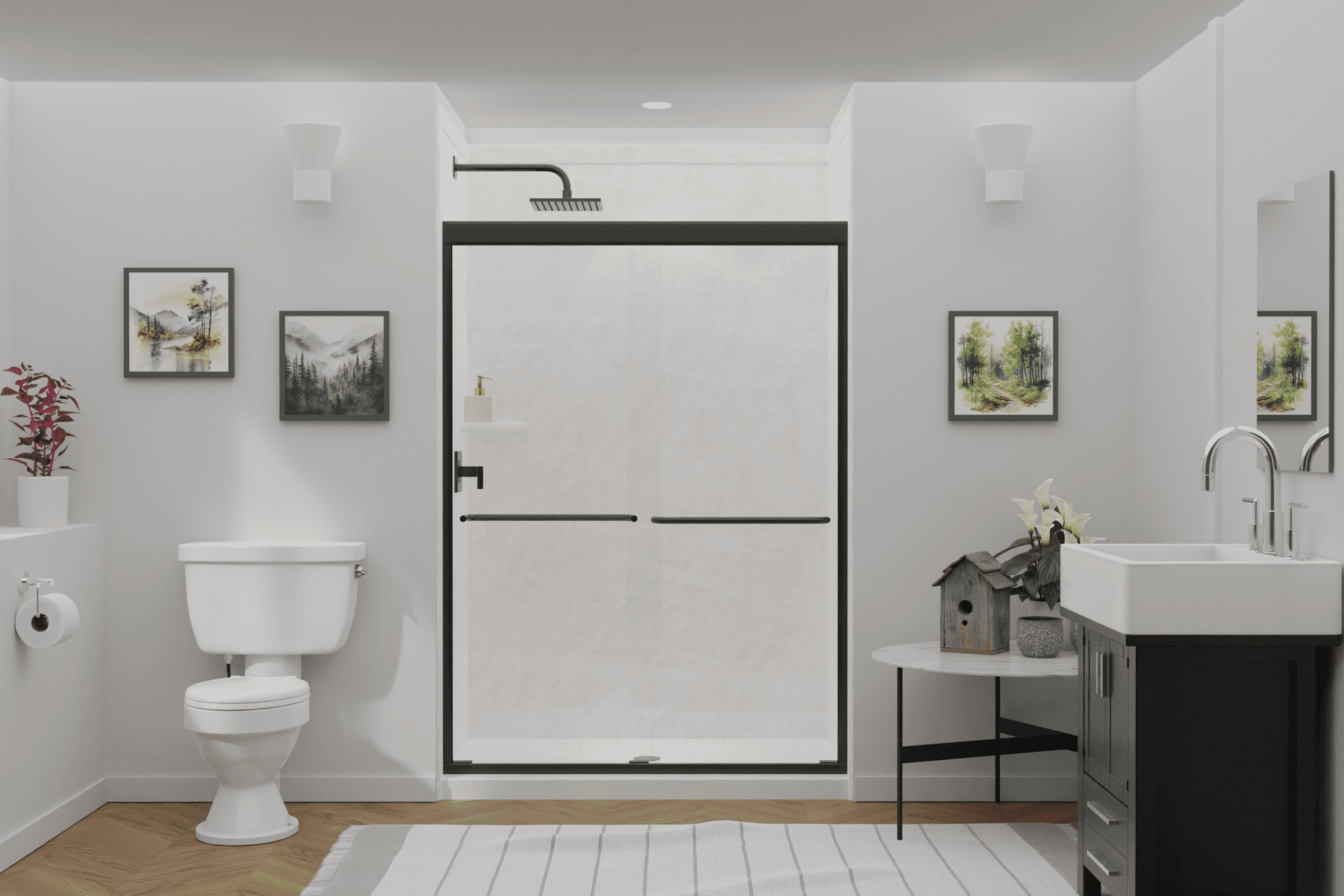 Modern bathroom featuring a shower with a black frame, white toilet, and sink. Decor includes plant, birdhouse, artwork, and striped rug.